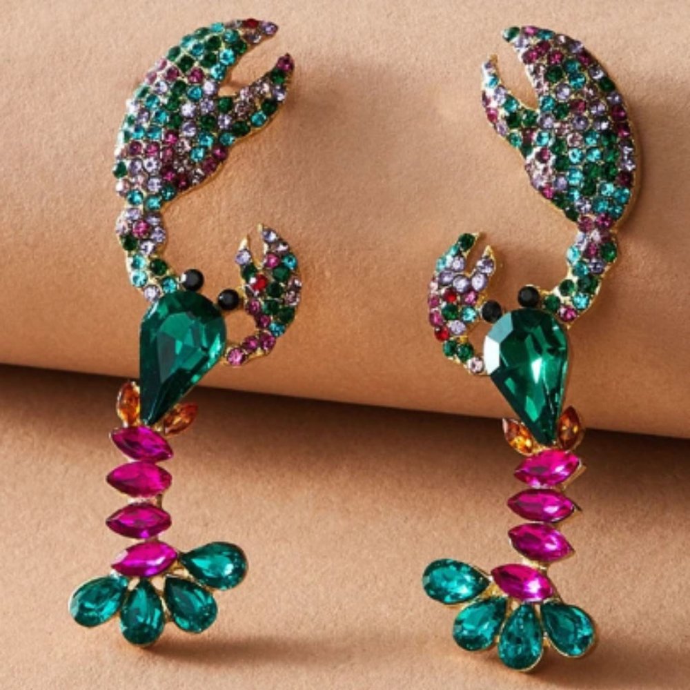Rhinestone Lobster Drop Earrings, Hot Pink and Green